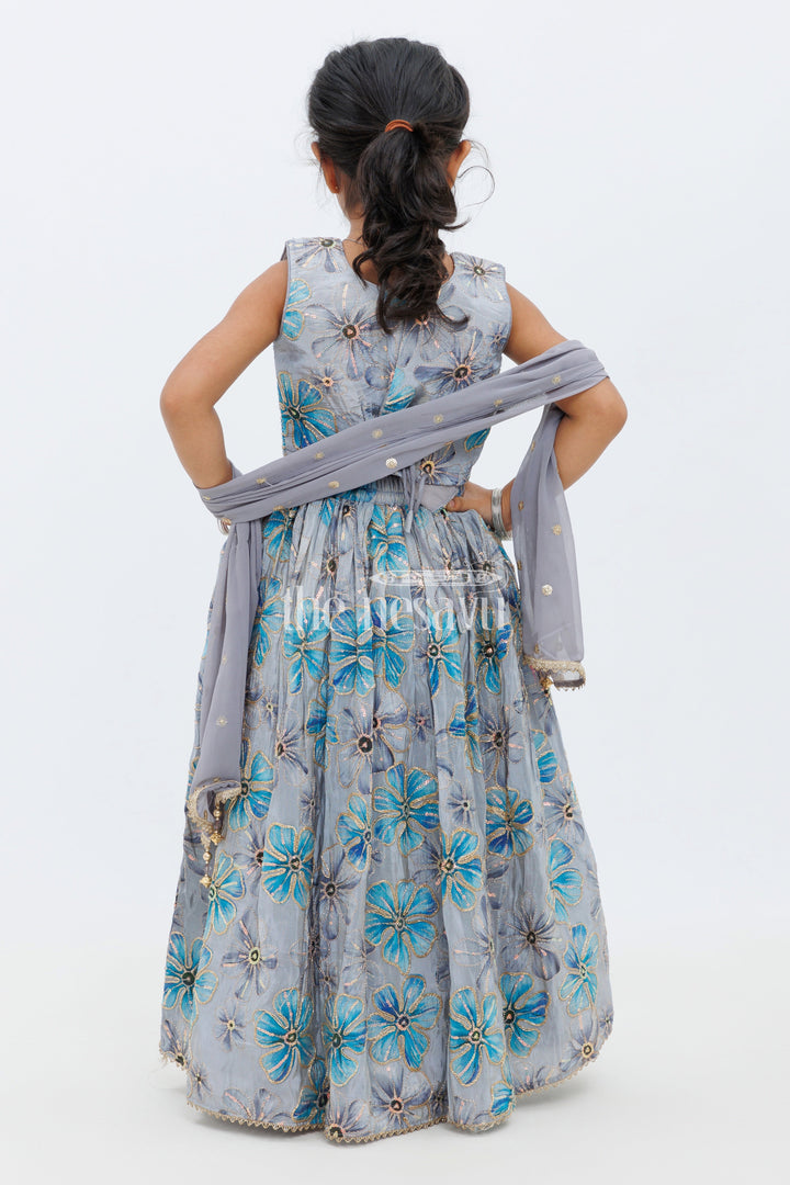 The Nesavu Girls Lehenga Choli Blue Shimmer Tissue Lehenga Choli with Floral Embroidery Nesavu Blue Shimmer Tissue Lehenga Choli with Floral Embroidery - Nesavu