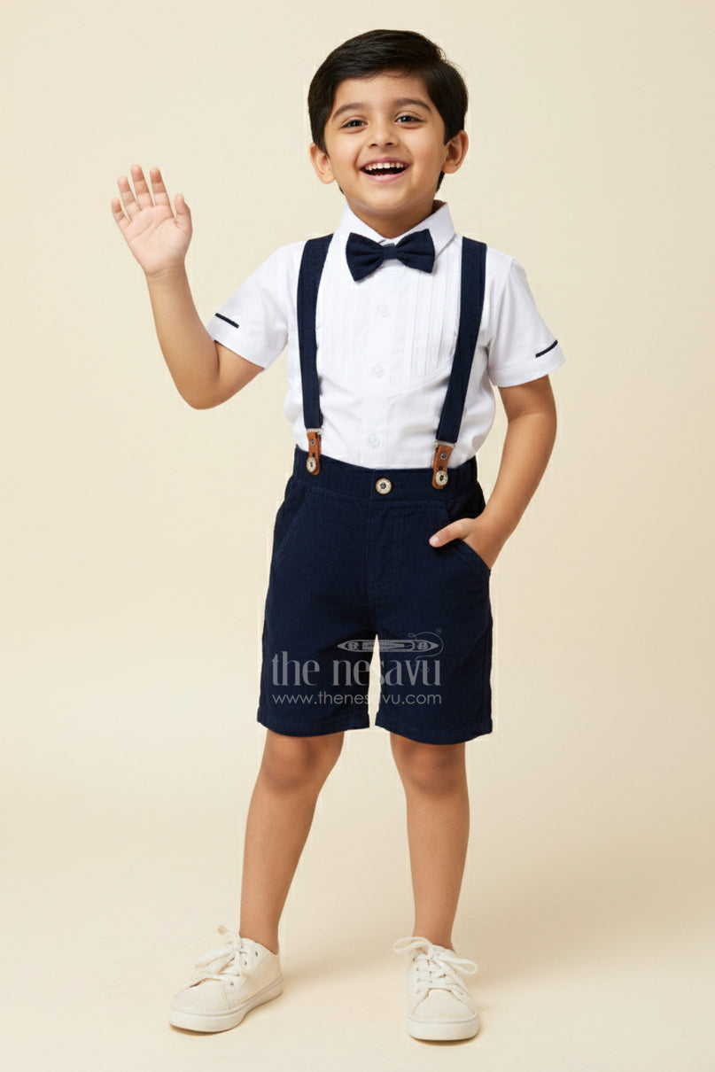 The Nesavu Boys Casual Set Blue Short Set for Boys with Pleated Cotton Shirt and Navy Corduroy Shorts with Matching Suspenders Nesavu 12 (3M) / Blue BCS320C-12 Nesavu Blue Short Set Boys White Pleated Shirt Navy Corduroy Shorts Bow Tie