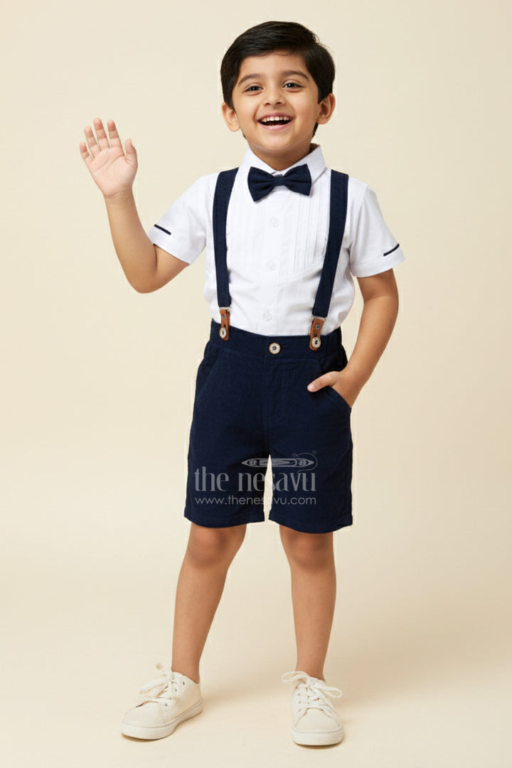 The Nesavu Boys Casual Set Blue Short Set for Boys with Pleated Cotton Shirt and Navy Corduroy Shorts with Matching Suspenders Nesavu 12 (3M) / Blue BCS320C-12 Nesavu Blue Short Set Boys White Pleated Shirt Navy Corduroy Shorts Bow Tie