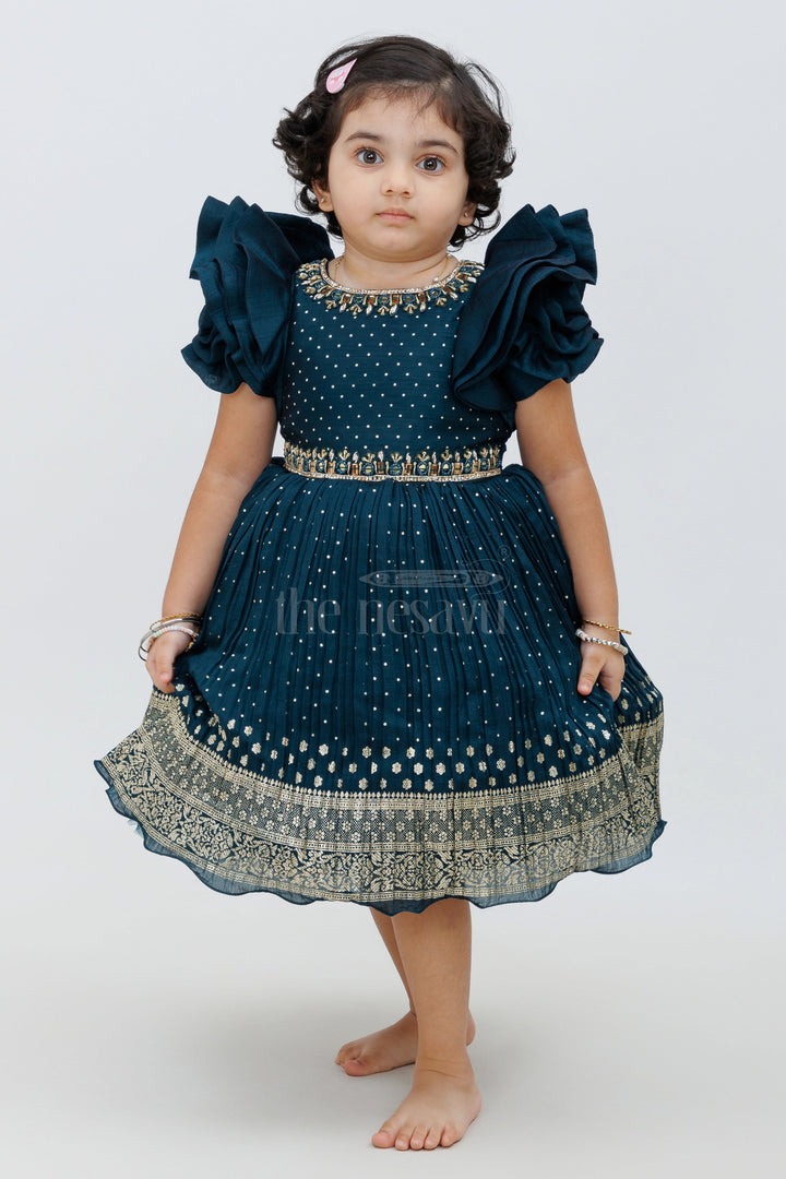 The Nesavu Silk Party Frock Blue Silk Blend Party Frock with Silver Embroidery Nesavu 18 (2Y) / Blue SF916A-18 Blue Silk Blend Party Frock with Silver Embroidery - Nesavu