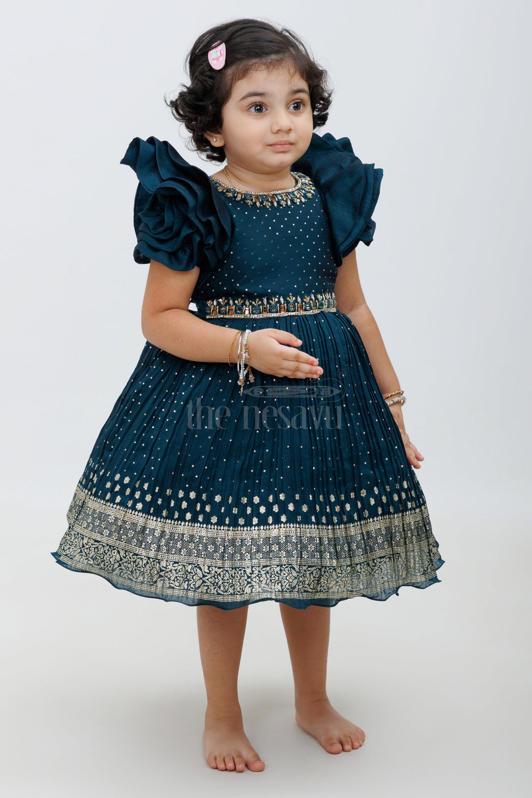 The Nesavu Silk Party Frock Blue Silk Blend Party Frock with Silver Embroidery Nesavu Blue Silk Blend Party Frock with Silver Embroidery - Nesavu