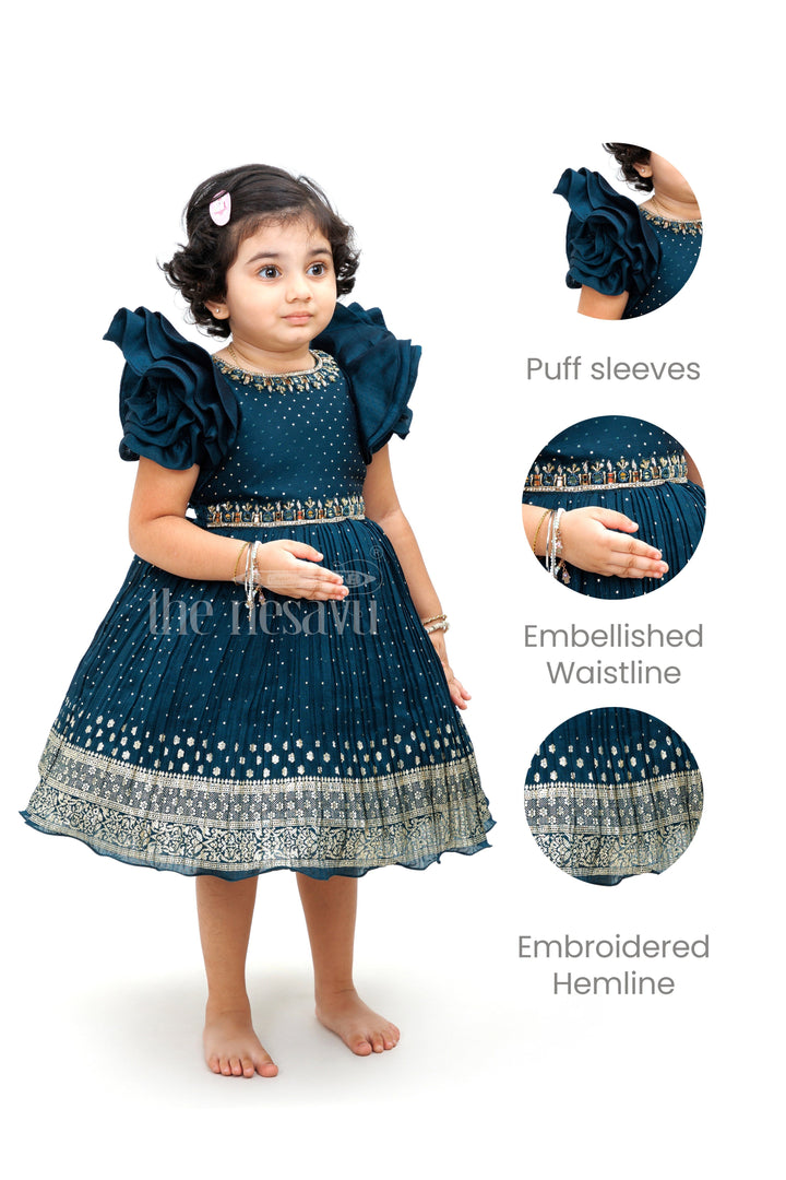 The Nesavu Silk Party Frock Blue Silk Blend Party Frock with Silver Embroidery Nesavu Blue Silk Blend Party Frock with Silver Embroidery - Nesavu