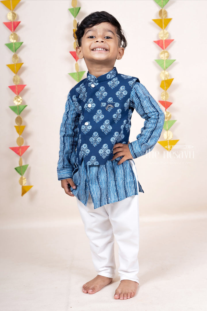 The Nesavu Boys Jacket Sets Blue Soft Cotton Printed Kurta Suit For Baby Boys Nesavu 10 (NB) / Blue BES192B-10 Blue Cotton Kurta Dresses | Smart Ethnic Casual Wear | The Nesavu