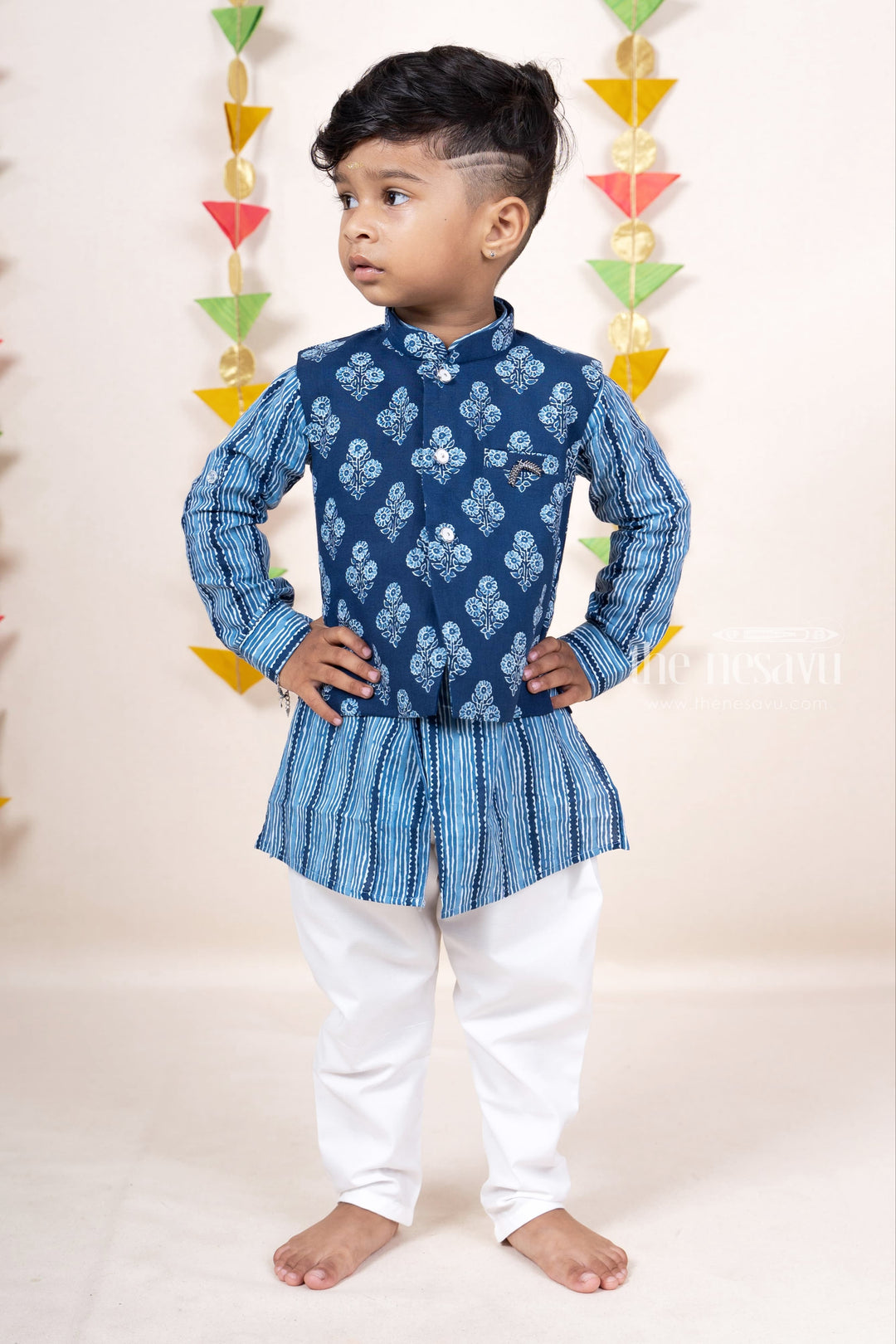 The Nesavu Boys Jacket Sets Blue Soft Cotton Printed Kurta Suit For Baby Boys Nesavu 10 (NB) / Blue BES192B-10 Blue Cotton Kurta Dresses | Smart Ethnic Casual Wear | The Nesavu