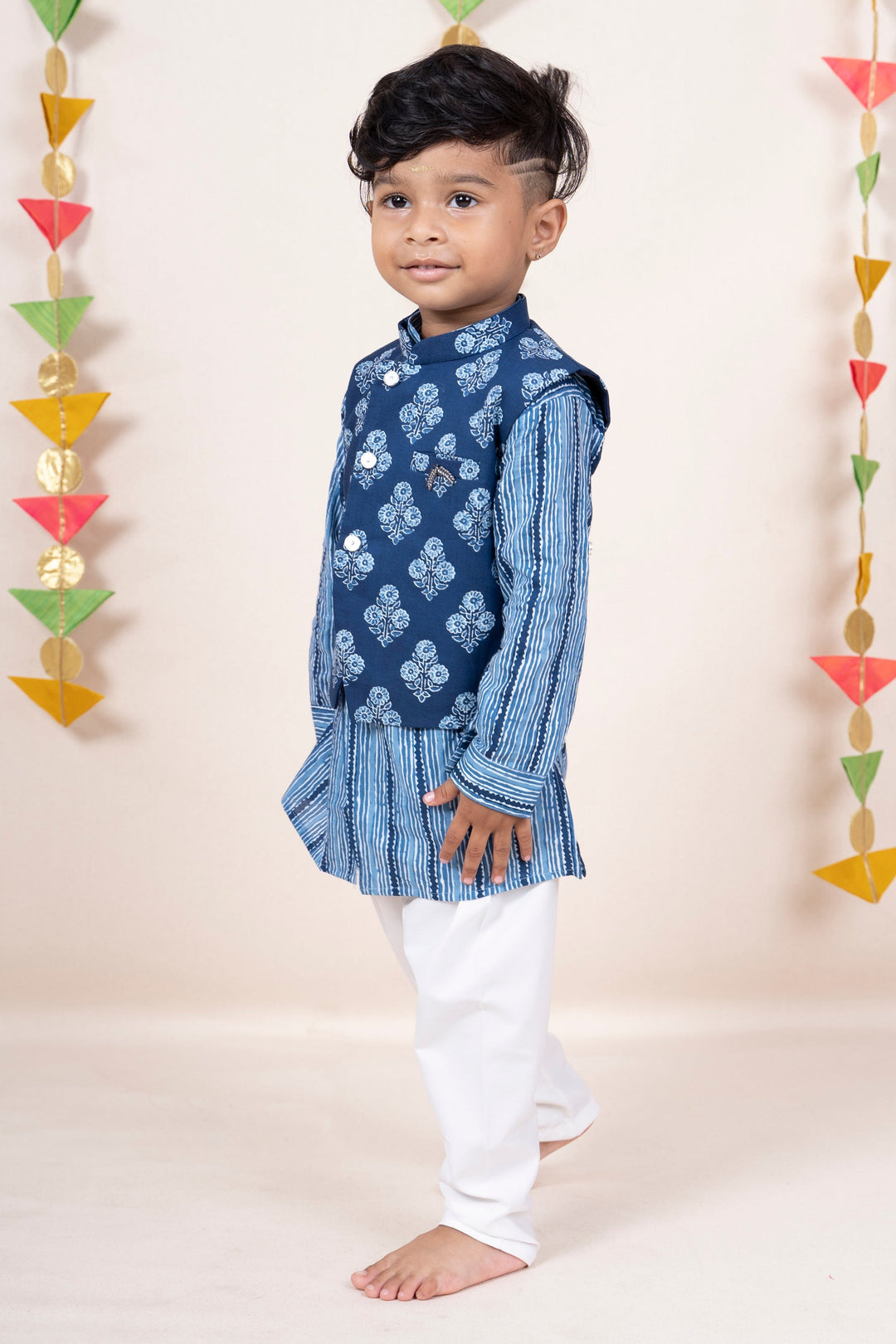 The Nesavu Boys Jacket Sets Blue Soft Cotton Printed Kurta Suit For Baby Boys Nesavu Blue Cotton Kurta Dresses | Smart Ethnic Casual Wear | The Nesavu