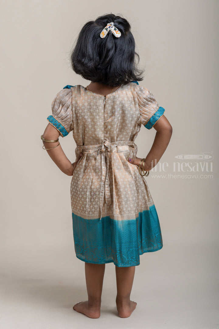 The Nesavu Girls Kanchi Silk Frock Blue with Half White Banarasi Silk Pattu Frock For Kids Girls Nesavu Premium Silk Frock For Girls | Kanchivaram Silk Design | The Nesavu