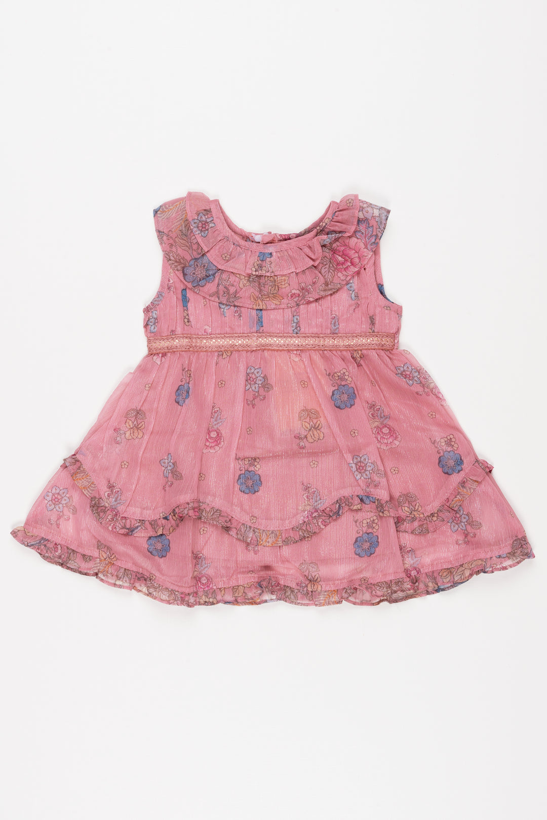 Blush Blooms: Chic Floral Pleated Layered Baby Frock for Adorable Trendsetters