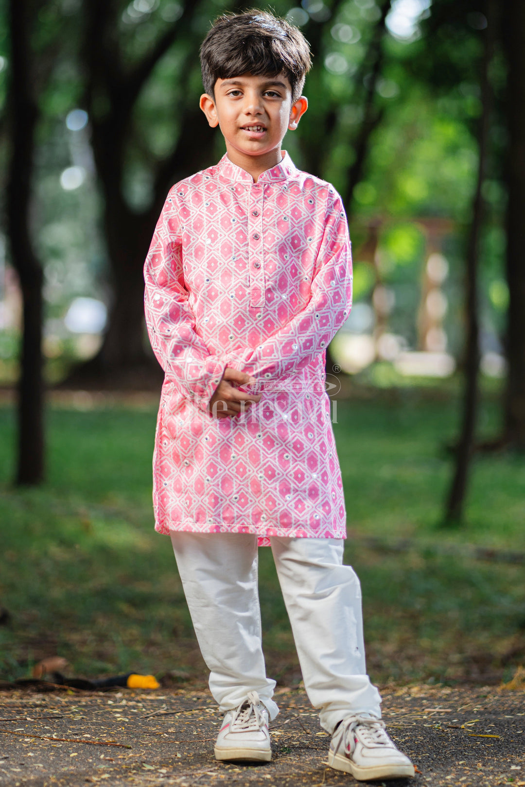 The Nesavu Boys Kurtha Set Blush Blossom: Mirror-Embroidered Geometric Printed Pink Kurta Shirt & Pant Set for Boys Nesavu Boys Ethnic Kurta Pant Ensemble | The Nesavu