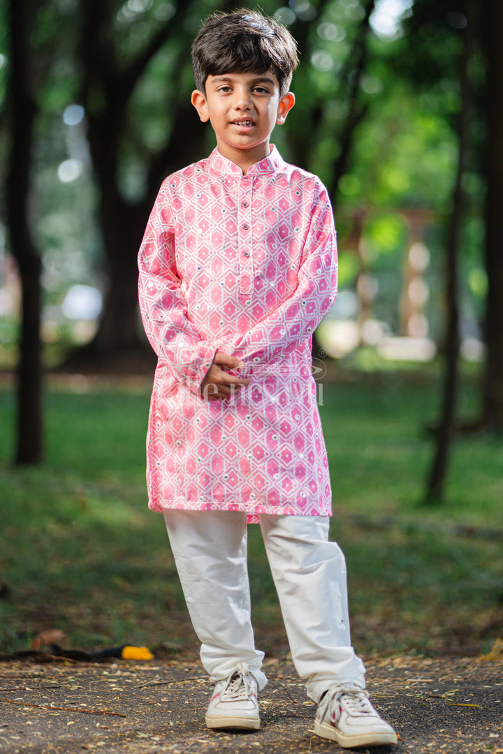The Nesavu Boys Kurtha Set Blush Blossom: Mirror-Embroidered Geometric Printed Pink Kurta Shirt & Pant Set for Boys Nesavu Boys Ethnic Kurta Pant Ensemble | The Nesavu