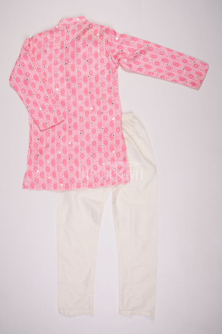 The Nesavu Boys Kurtha Set Blush Blossom: Mirror-Embroidered Geometric Printed Pink Kurta Shirt & Pant Set for Boys Nesavu Boys Ethnic Kurta Pant Ensemble | The Nesavu