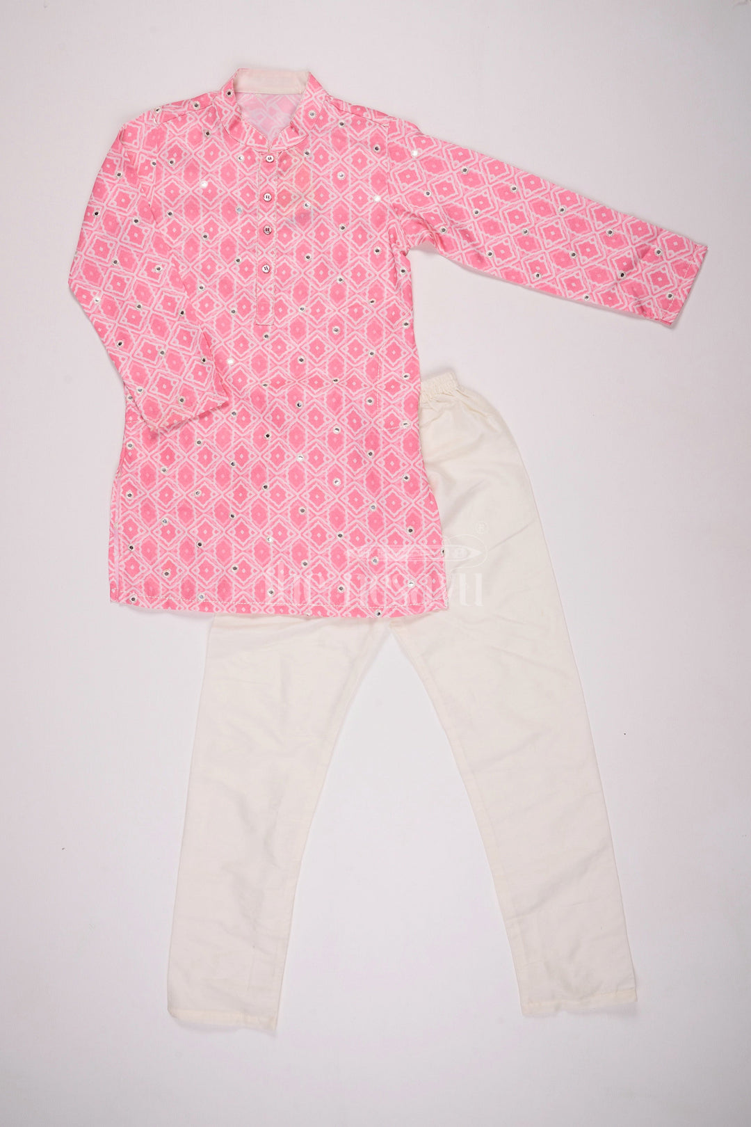 The Nesavu Boys Kurtha Set Blush Blossom: Mirror-Embroidered Geometric Printed Pink Kurta Shirt & Pant Set for Boys Nesavu Boys Ethnic Kurta Pant Ensemble | The Nesavu