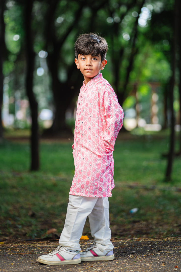 The Nesavu Boys Kurtha Set Blush Blossom: Mirror-Embroidered Geometric Printed Pink Kurta Shirt & Pant Set for Boys Nesavu Boys Ethnic Kurta Pant Ensemble | The Nesavu