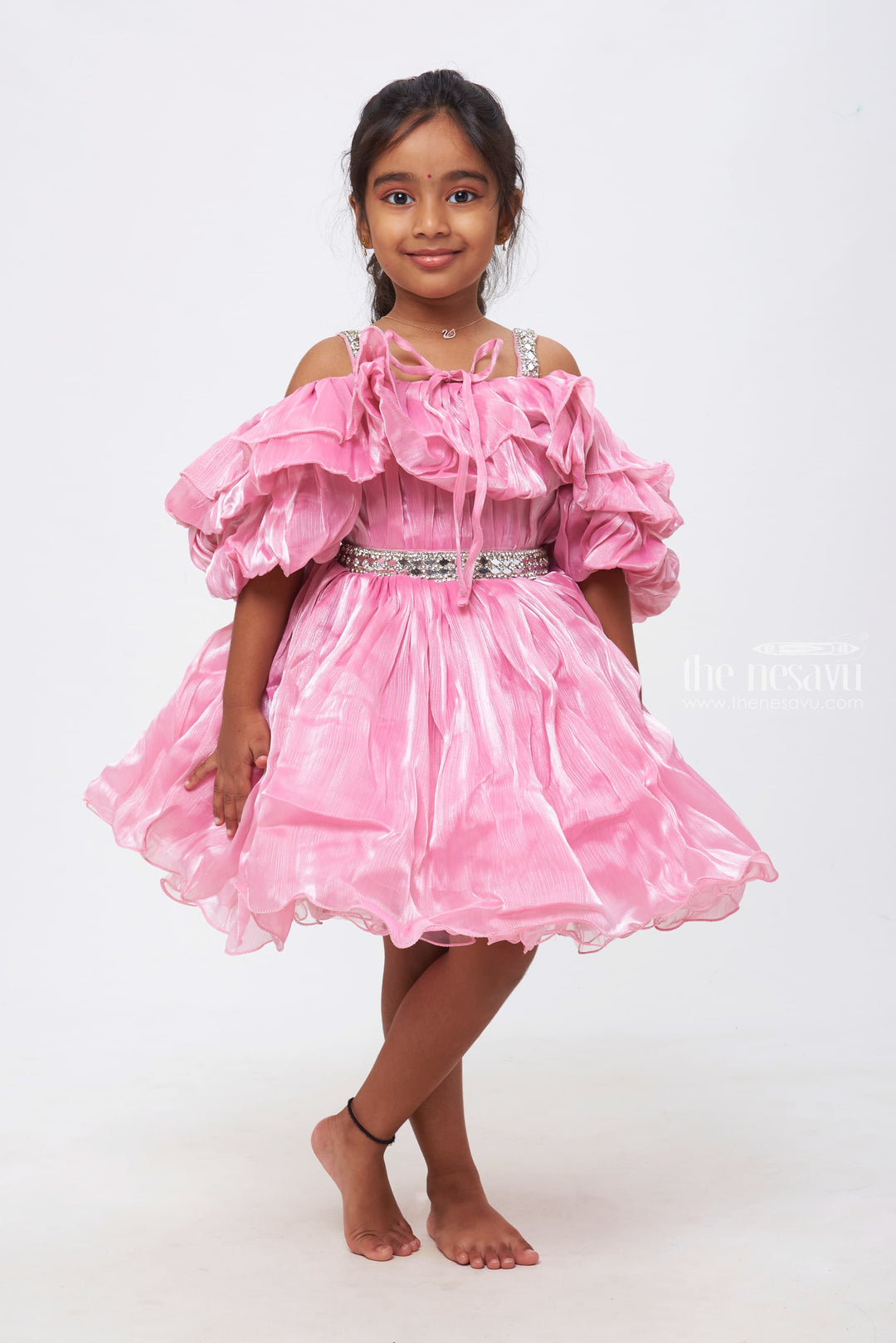 The Nesavu Girls Fancy Party Frock Blush Dream: Girls Organza Ruffle Party Frock with Sparkling Embellishments Nesavu Enchanting Elegance | Girls' Party Frocks to Fall in Love With | The Nesavu