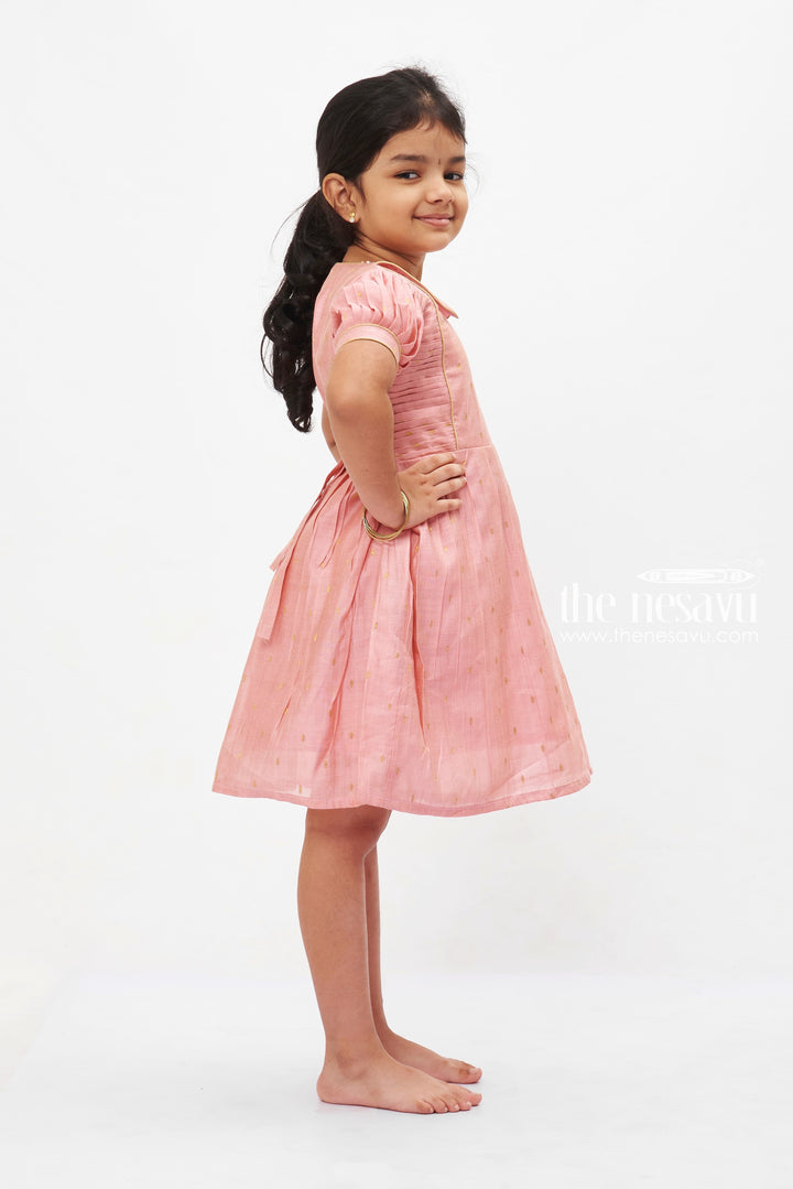 The Nesavu Girls Cotton Frock Blush Gold Elegance Frock: Traditional Puff Sleeve Dress for Girls Nesavu Traditional Blush Pink Girls Dress with Gold Accents | Puff Sleeve Formal Wear | The Nesavu