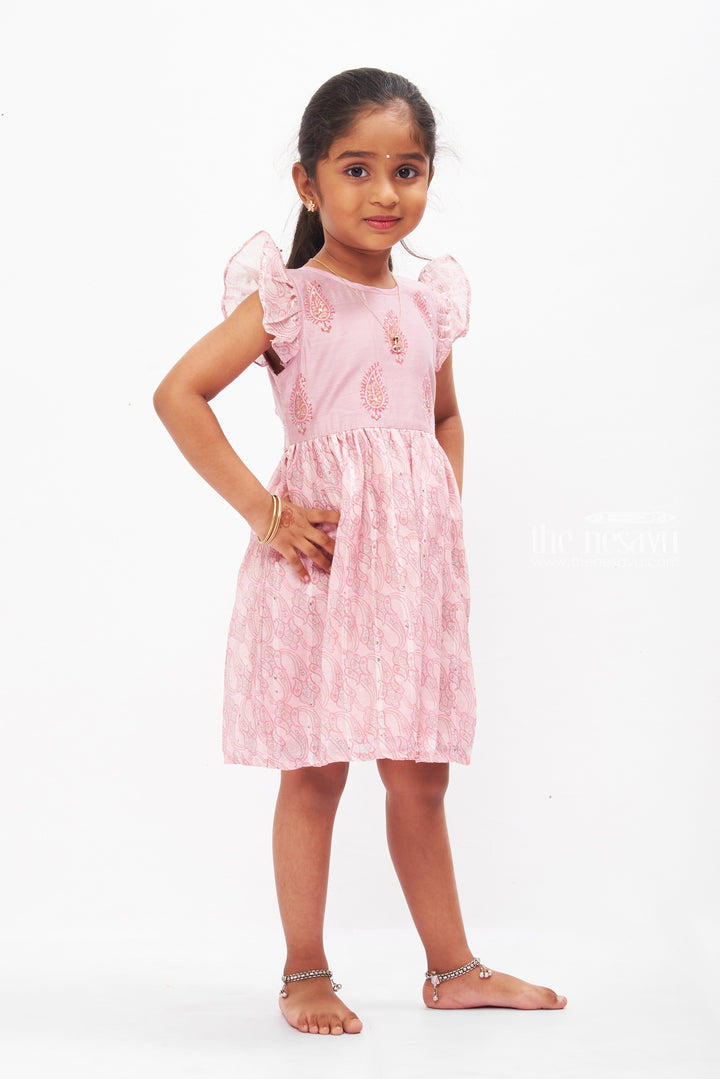 The Nesavu Girls Cotton Frock Blush Paisley Cotton Frock with Ruffle Sleeves for Girls Nesavu Girls Summer Cotton Dress | Soft Pink Paisley Frock | The Nesavu