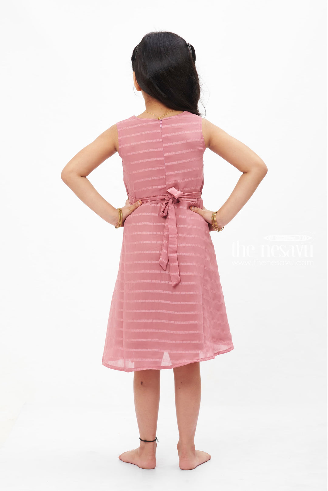 The Nesavu Girls Fancy Frock Blush Pink Elegance Dress: Subtle Stripes with Floral Embroidery for Girls Nesavu Girls' Blush Pink Stripe Dress | Floral Embroidered Frock | Classic Elegance for Children | The Nesavu