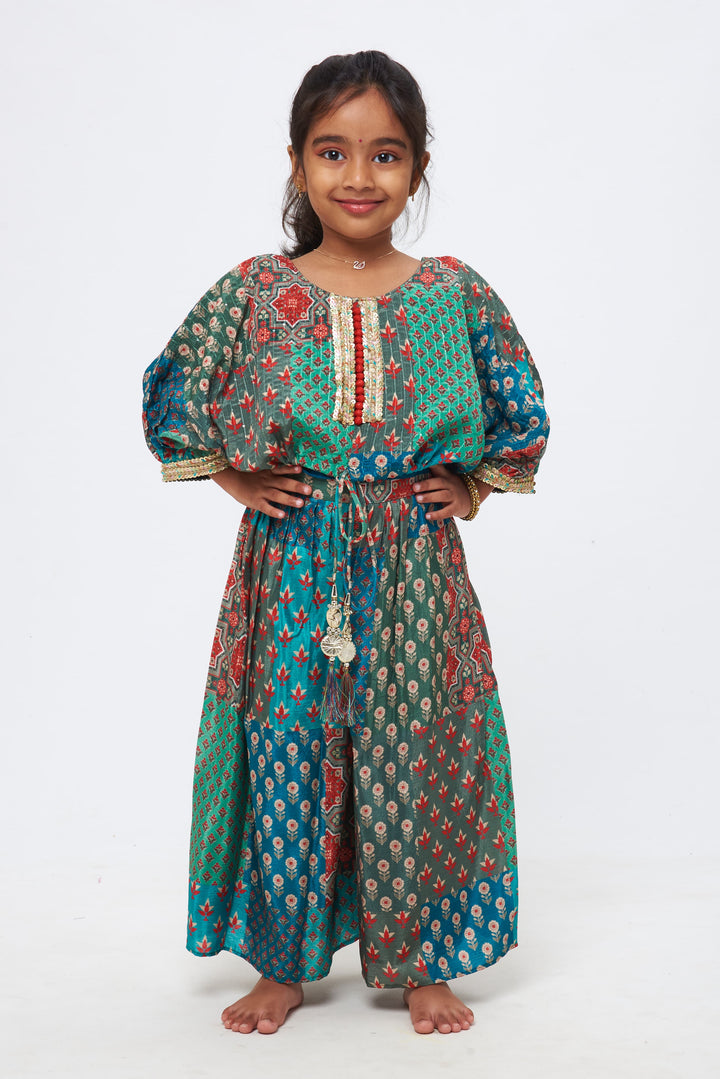 The Nesavu Girls Sharara / Plazo Set Bohemian Bliss: Crop Top with Poncho Sleeves & Palazzo Pants Set Nesavu 18 (2Y) / multicolor / Chinnon GPS229A-18 Crop Top with Poncho Sleeves & Palazzo Pants | Vibrant Boho-Chic Ensemble: Bohemian Bliss | The Nesavu