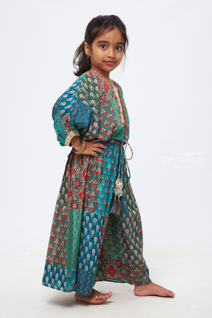 The Nesavu Girls Sharara / Plazo Set Bohemian Bliss: Crop Top with Poncho Sleeves & Palazzo Pants Set Nesavu Crop Top with Poncho Sleeves & Palazzo Pants | Vibrant Boho-Chic Ensemble: Bohemian Bliss | The Nesavu