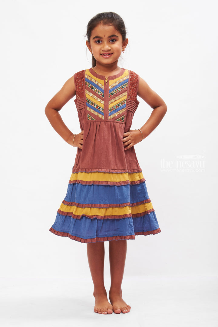 The Nesavu Girls Cotton Frock Bohemian Elegance Tiered Cotton Dress for Girls Nesavu 22 (4Y) / Brown / Cotton GFC1246A-22 Girls Lightweight Summer Cotton Dresses | Ethnic Tiered Frock | The Nesavu