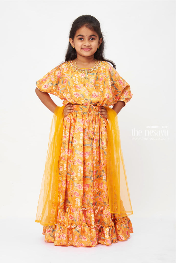 The Nesavu Girls Lehenga Choli Bohemian Floral Ruffled Maxi Lehenga Choli for Girls Nesavu 16 (1Y) / Yellow / Chinnon GL394A-16 Mustard Floral dress | Lehenga Choli for Girls| The Nesavu