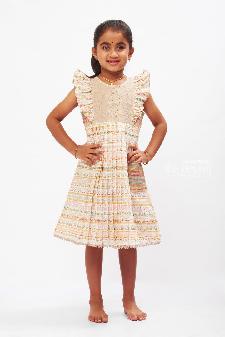 The Nesavu Girls Cotton Frock Bohemian Rhapsody: Girls Multi-Print Cotton Frock with Delicate Embellishments Nesavu 22 (4Y) / Half white / Cotton GFC1244A-22 Boho Chic Kids Cotton Summer Dresses | Girls Eclectic Printed Frock | The Nesavu