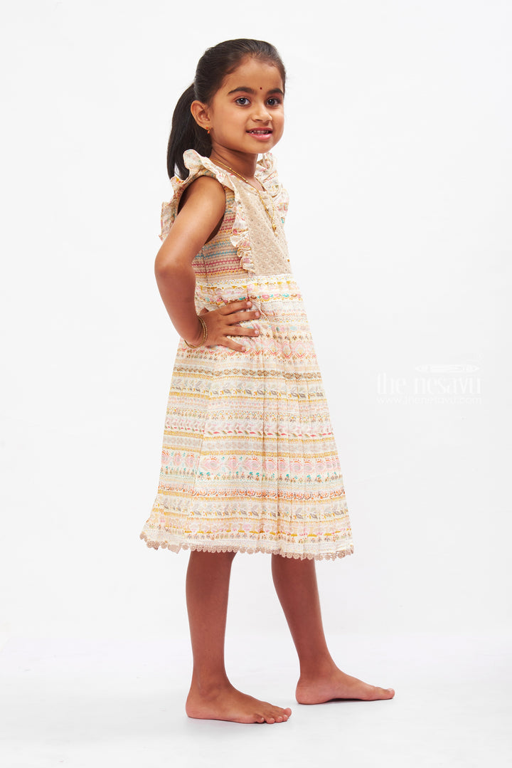 The Nesavu Girls Cotton Frock Bohemian Rhapsody: Girls Multi-Print Cotton Frock with Delicate Embellishments Nesavu Boho Chic Kids Cotton Summer Dresses | Girls Eclectic Printed Frock | The Nesavu