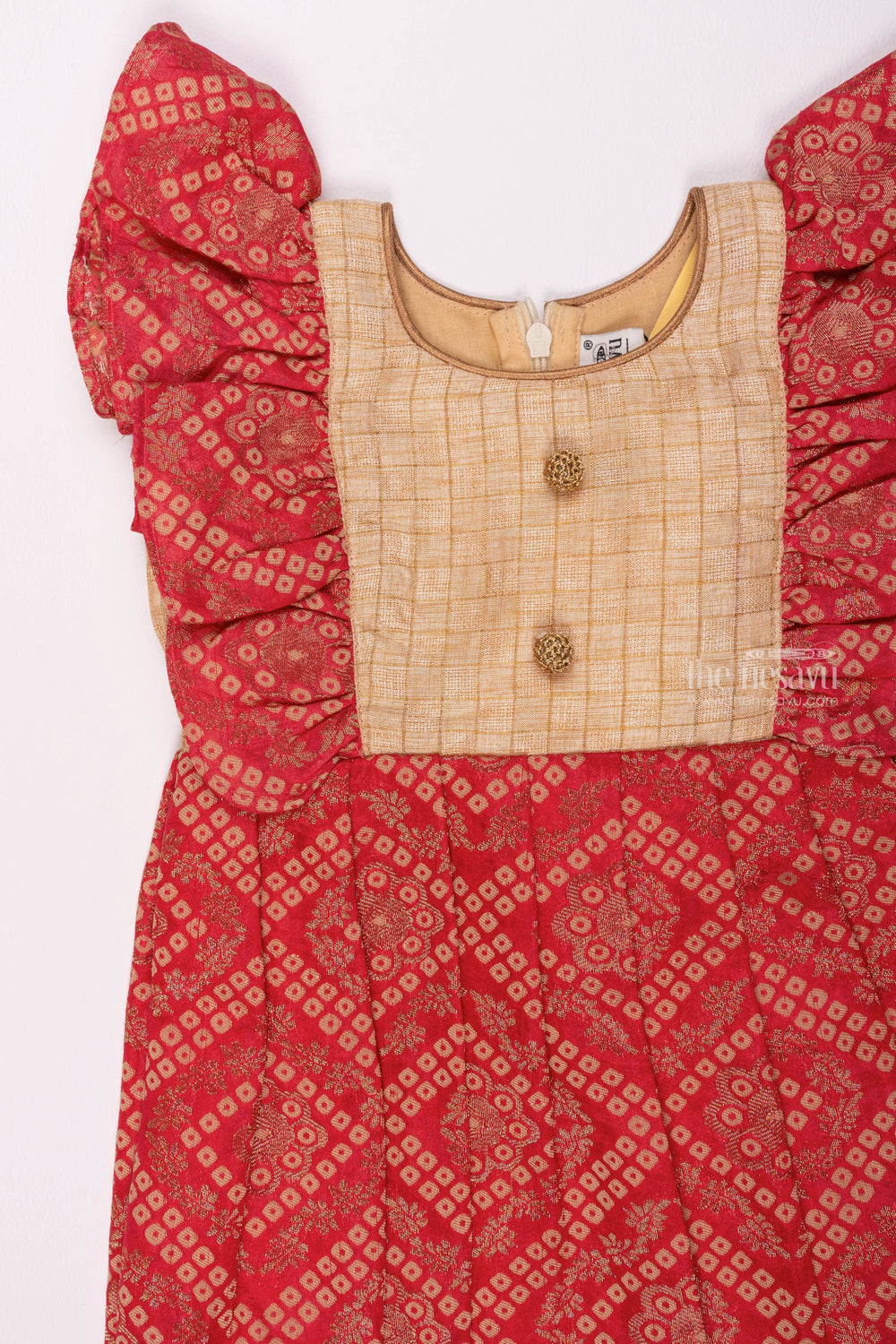 The Nesavu Silk Frock Bold Red Bandhani Artistry Pleated to Perfection with Beige Checkered Yoke Traditional Flair for Young Fashionistas Nesavu Traditional Elegance Redefined | Silk and Pattu Frocks for Girls | The Nesavu