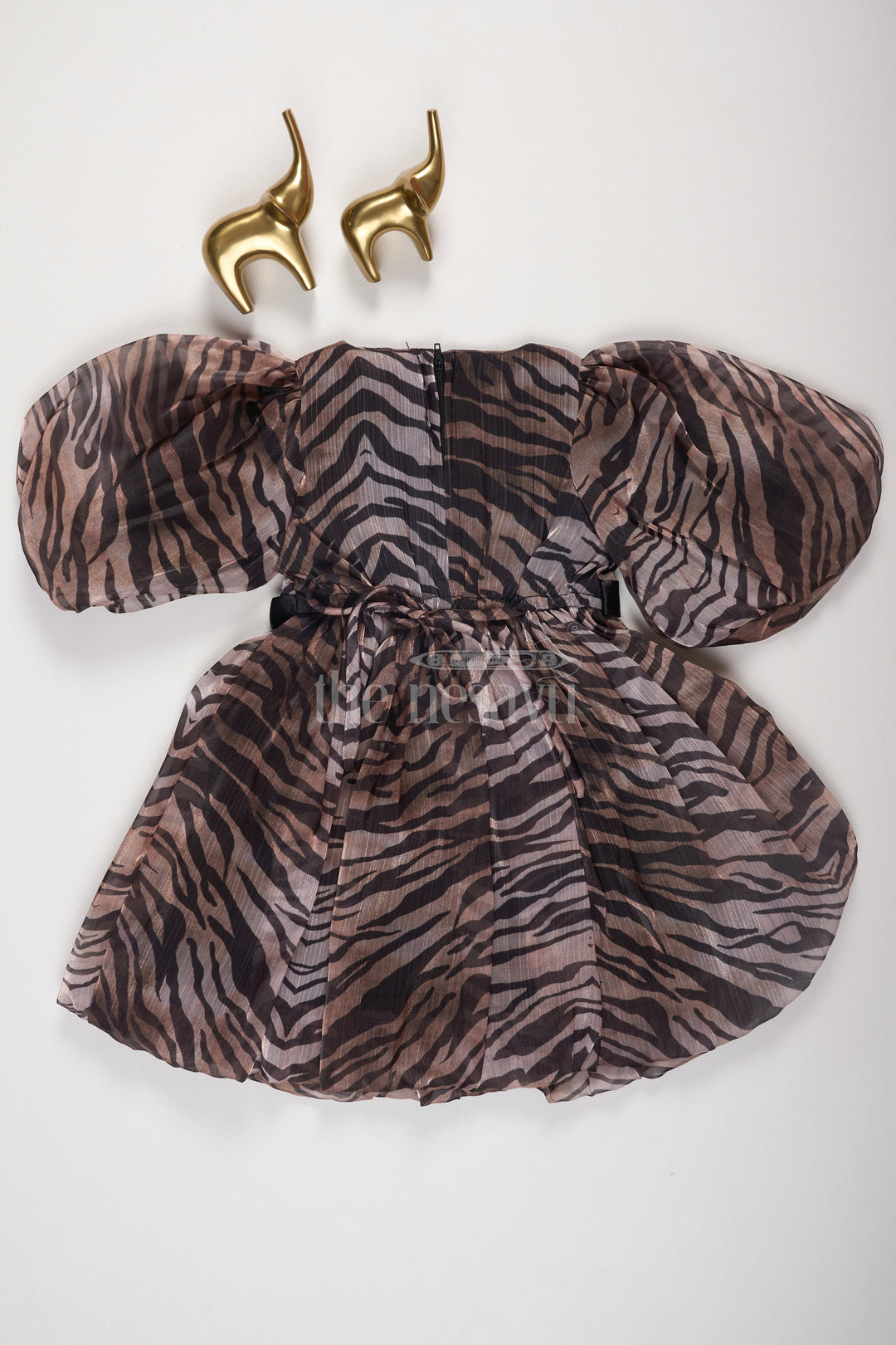 The Nesavu Girls Fancy Party Frock Bold Zebra Print Girls Fancy Frock with Puffed Sleeves and Rhinestone Belt for Evening Parties Nesavu Nesavu Girls Zebra Print Fancy Frock Puffed Sleeves Rhinestone Belt Evening Parties