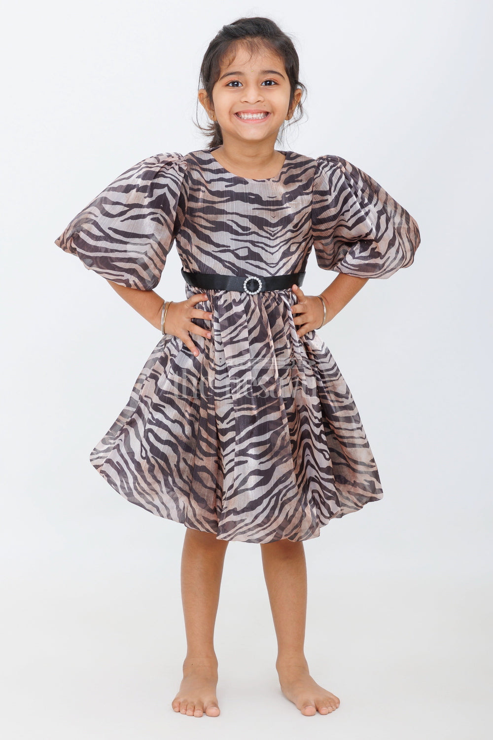 The Nesavu Girls Fancy Party Frock Bold Zebra Print Girls Fancy Frock with Puffed Sleeves and Rhinestone Belt for Evening Parties Nesavu Nesavu Girls Zebra Print Fancy Frock Puffed Sleeves Rhinestone Belt Evening Parties