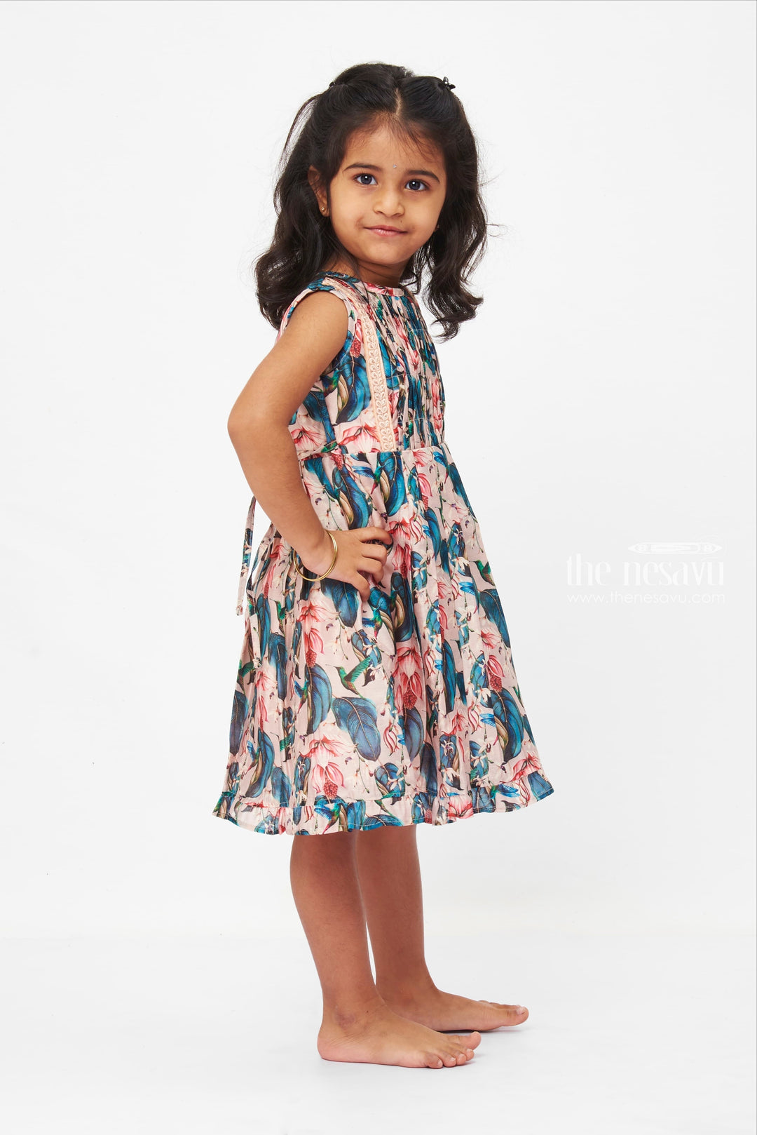 The Nesavu Girls Cotton Frock Botanical Bliss Cotton Frock: Girls' Floral Dress with Lace Trim Detail Nesavu Girls Floral Lace Trim Cotton Dress | Tropical Botanical Print | Comfortable Stylish Wear | The Nesavu