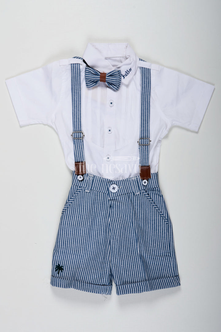 The Nesavu Boys Casual Set Bow Tie Shirt Set for Boys with White Pintuck Cotton Shirt Striped Shorts Matching Belt and Cap Nesavu 16 (1Y) / Blue BCS231A-16 Bow Tie Shirt Boys Set with White Pintuck Shirt Striped Shorts Cap and Cotton Fabric Belt | The Nesavu