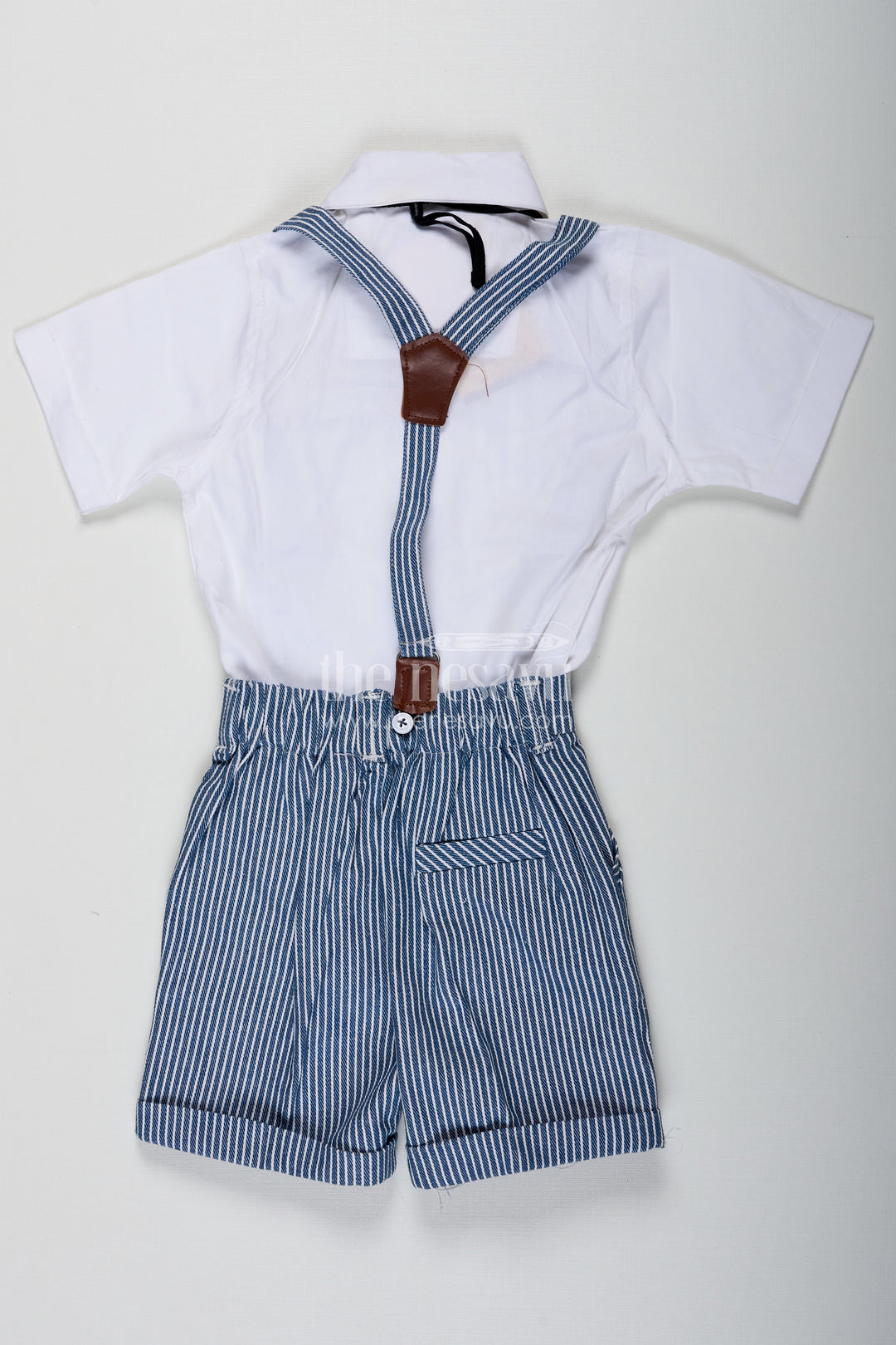 The Nesavu Boys Casual Set Bow Tie Shirt Set for Boys with White Pintuck Cotton Shirt Striped Shorts Matching Belt and Cap Nesavu Bow Tie Shirt Boys Set with White Pintuck Shirt Striped Shorts Cap and Cotton Fabric Belt | The Nesavu