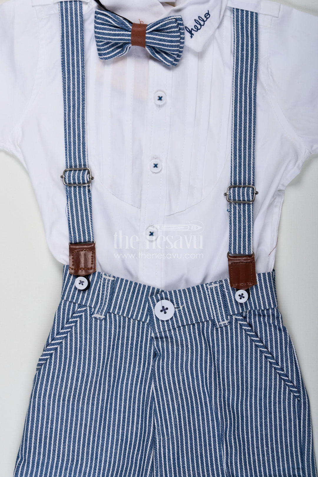 The Nesavu Boys Casual Set Bow Tie Shirt Set for Boys with White Pintuck Cotton Shirt Striped Shorts Matching Belt and Cap Nesavu Bow Tie Shirt Boys Set with White Pintuck Shirt Striped Shorts Cap and Cotton Fabric Belt | The Nesavu