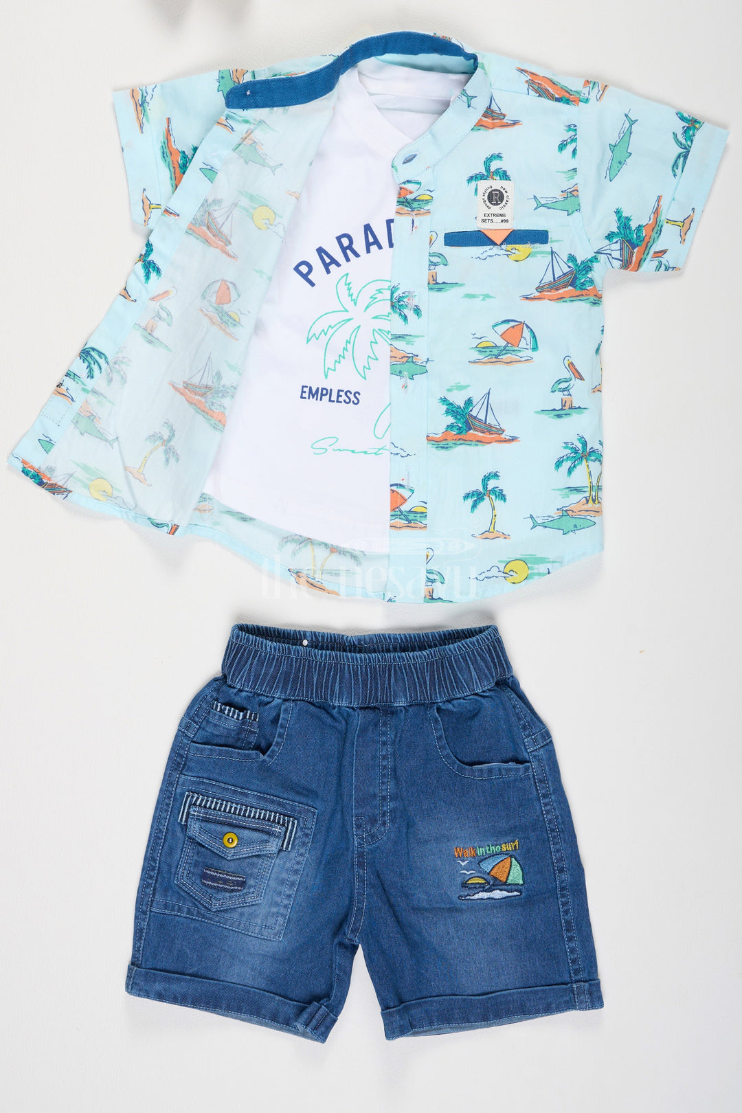 The Nesavu Boys Casual Set Boys 3Piece Set with Beach Print Shirt and Denim Shorts in Blue for Playdates Nesavu 14 (6M) / Blue BCS125A-14 Boys 3-Piece Set with Beach Print Shirt and Denim Shorts in Blue Nesavu