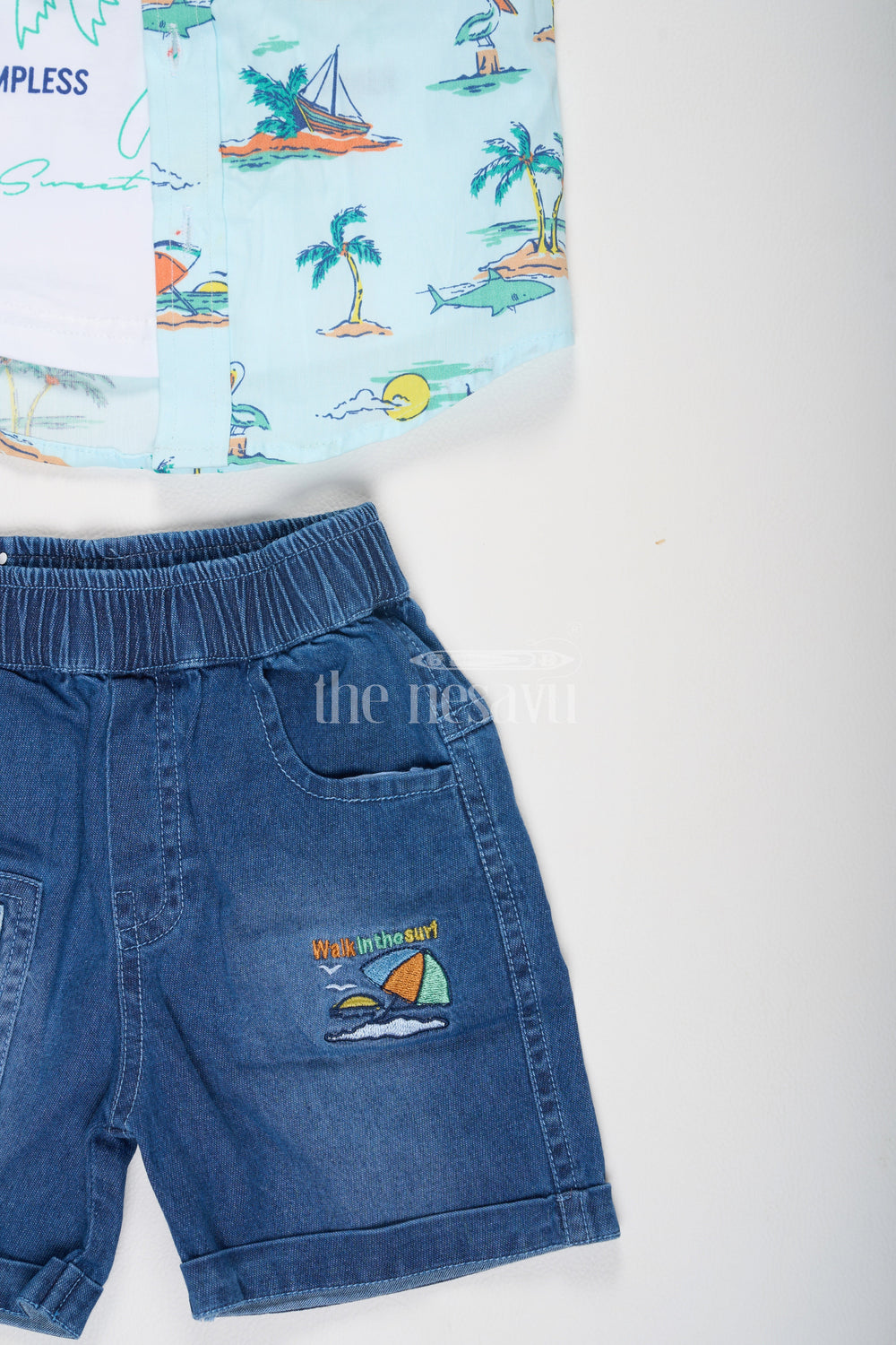 The Nesavu Boys Casual Set Boys 3Piece Set with Beach Print Shirt and Denim Shorts in Blue for Playdates Nesavu Boys 3-Piece Set with Beach Print Shirt and Denim Shorts in Blue Nesavu