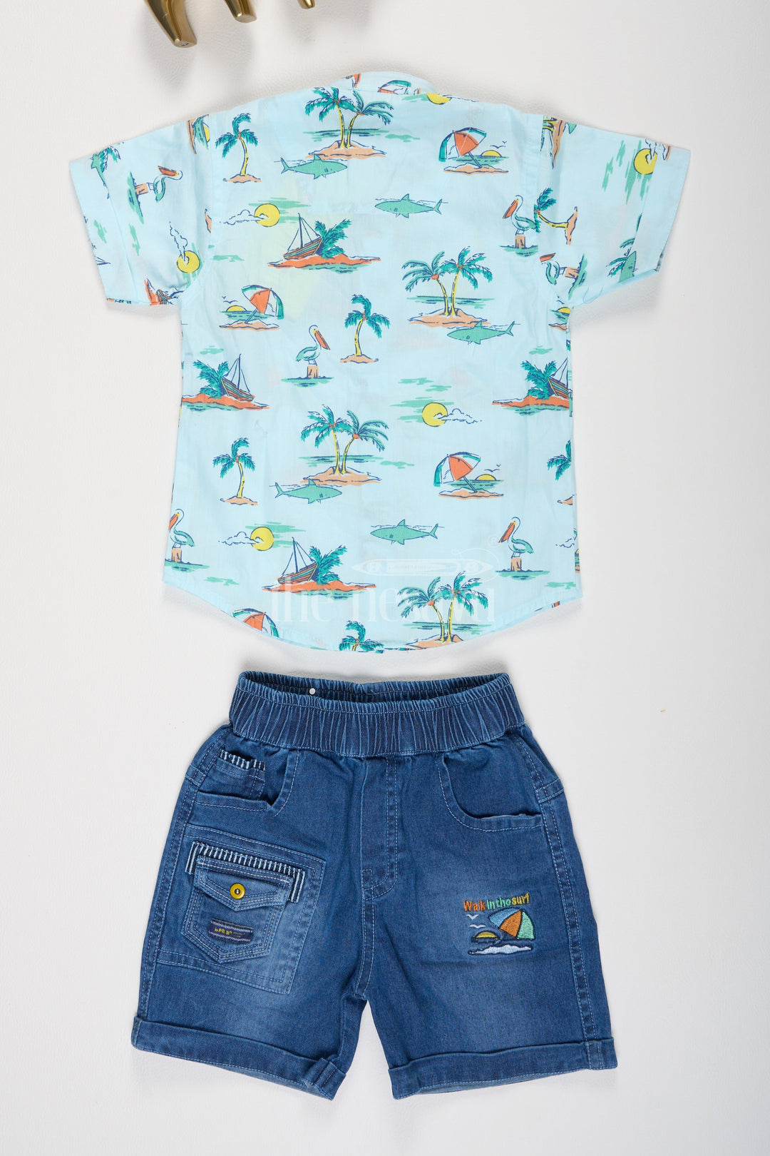 The Nesavu Boys Casual Set Boys 3Piece Set with Beach Print Shirt and Denim Shorts in Blue for Playdates Nesavu Boys 3-Piece Set with Beach Print Shirt and Denim Shorts in Blue Nesavu