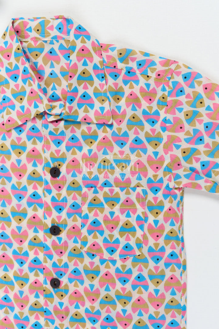 The Nesavu Boys Cotton Shirt Boys Abstract Fish Print Shirt for Beach Days and Fun Dressing Nesavu Nesavu boys cotton shirt with abstract fish print for beach trips, holidays and everyday fun