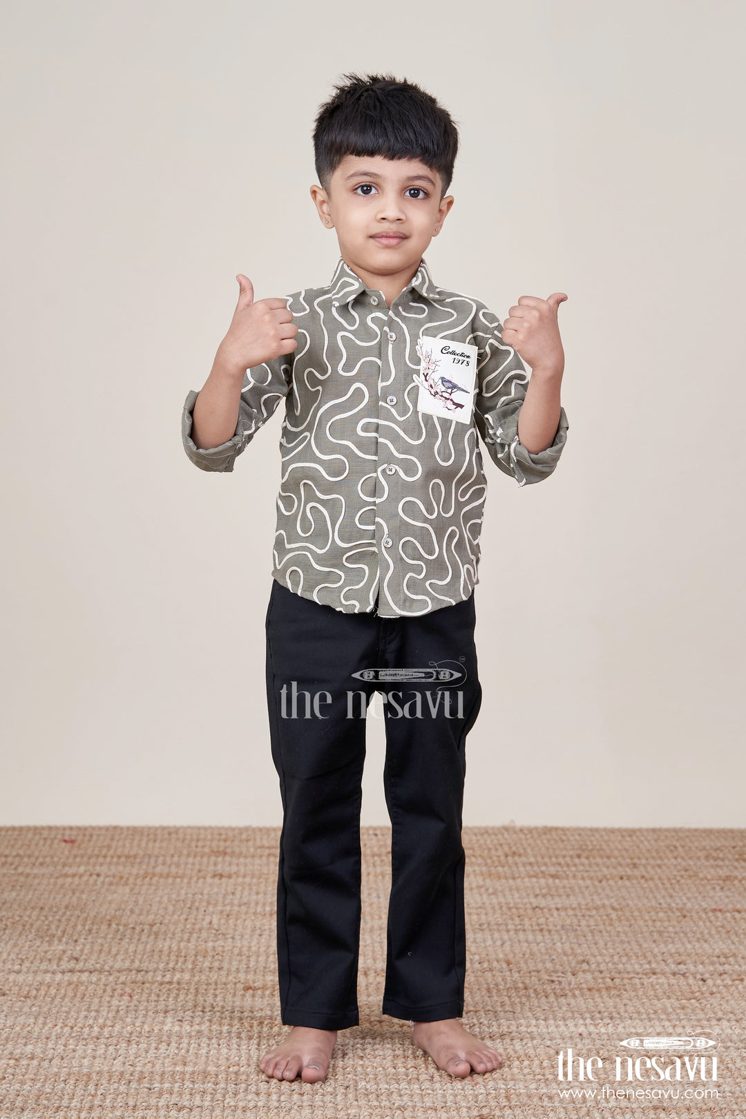 The Nesavu Boys Casual Set Boys Abstract Print Cotton Shirt Set with Trousers Comfy Everyday Fashion Nesavu 16 (1Y) / Green BES900A-16 Nesavu boys cotton shirt pants abstract embroidery  casual daily wear