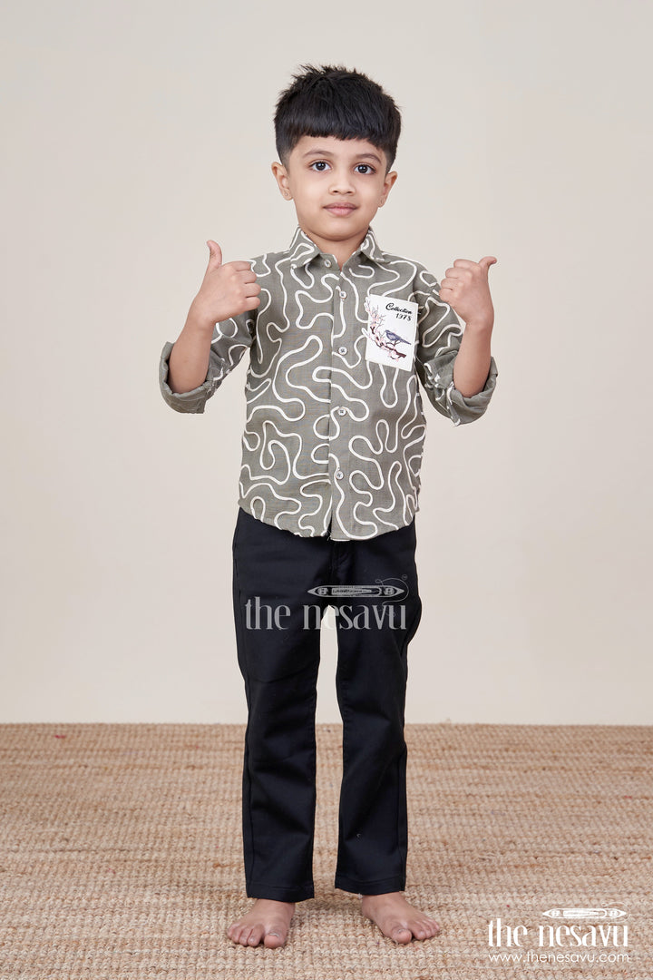 The Nesavu Boys Casual Set Boys Abstract Print Cotton Shirt Set with Trousers Comfy Everyday Fashion Nesavu 16 (1Y) / Green BES900A-16 Nesavu boys cotton shirt pants abstract embroidery  casual daily wear
