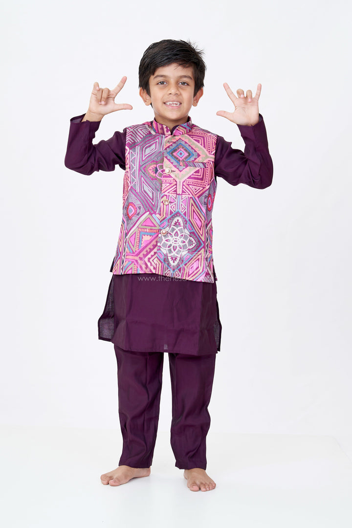 The Nesavu Boys Kurtha Set Boys All Black Kurta Pajama Set with Multicolor Digital Printed Jacket for a Striking Festive Look Nesavu 18 (2Y) / Purple BES674A-18 Boys All Black Kurta Pajama Set Silk Blend Multicolor Digital Printed Nehru Jacket | The Nesavu