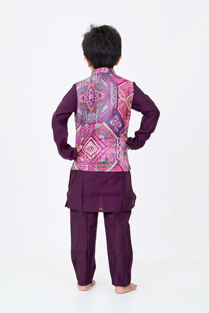 The Nesavu Boys Kurtha Set Boys All Black Kurta Pajama Set with Multicolor Digital Printed Jacket for a Striking Festive Look Nesavu Boys All Black Kurta Pajama Set Silk Blend Multicolor Digital Printed Nehru Jacket | The Nesavu