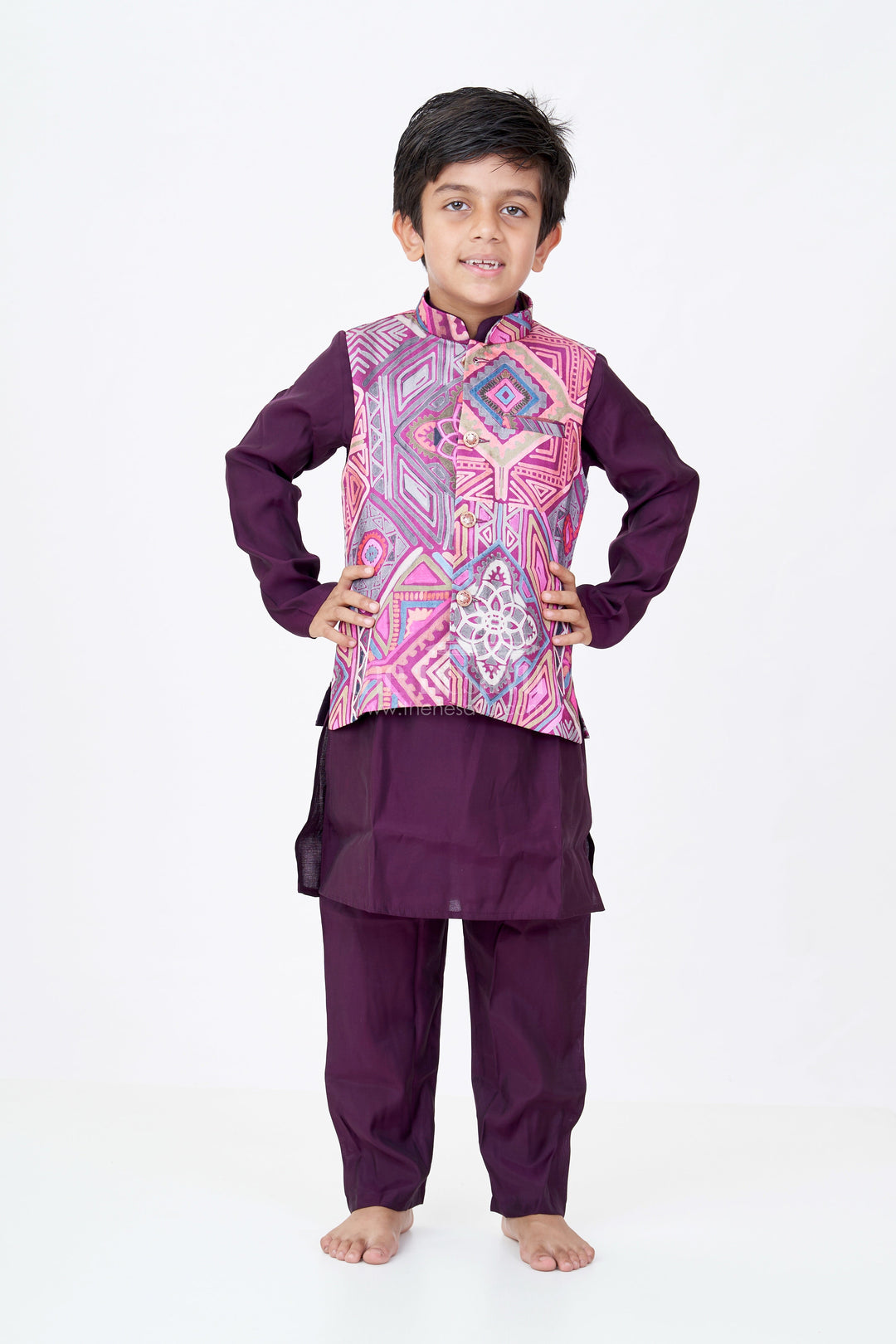 The Nesavu Boys Kurtha Set Boys All Black Kurta Pajama Set with Multicolor Digital Printed Jacket for a Striking Festive Look Nesavu Boys All Black Kurta Pajama Set Silk Blend Multicolor Digital Printed Nehru Jacket | The Nesavu