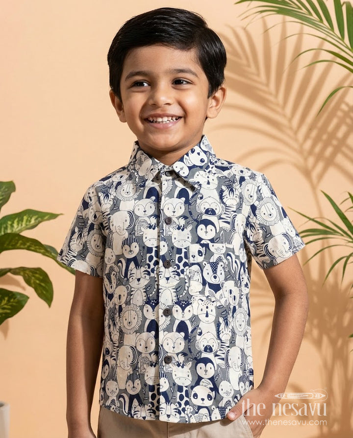 The Nesavu Boys Cotton Shirt Boys Animal Face Print Shirt for School Fun Days and Playdates Nesavu 20 (3Y) / Black / Cotton BS388B-20 Nesavu boys cotton shirt with animal face print for playdates, school and everyday fun