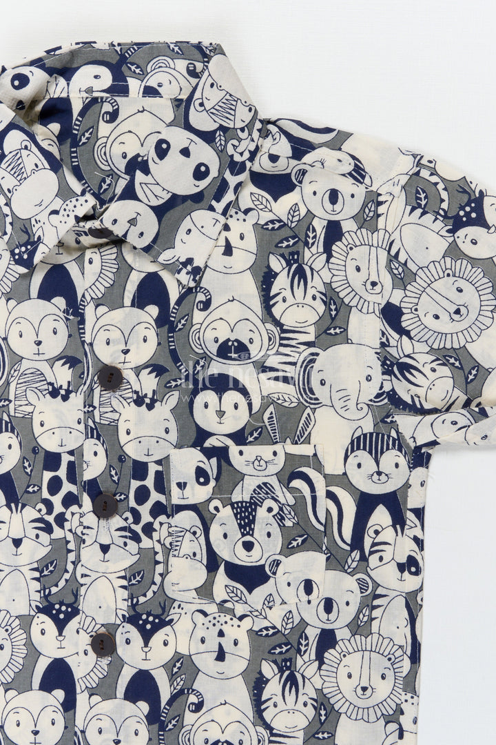 The Nesavu Boys Cotton Shirt Boys Animal Face Print Shirt for School Fun Days and Playdates Nesavu Nesavu boys cotton shirt with animal face print for playdates, school and everyday fun