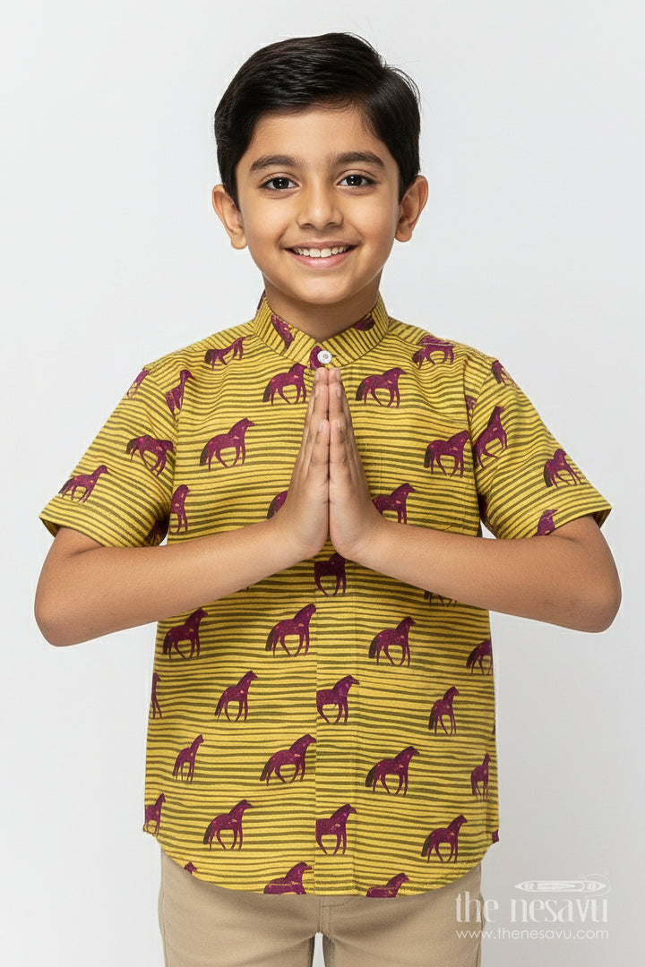The Nesavu Boys Linen Shirt Boys Animal Motif Linen Shirt for Casual Adventures and Outdoor Fun Nesavu 16 (1Y) / Yellow BS366A-16 Nesavu boys animal print linen shirt zoo trips casual playdates nature-inspired dressing