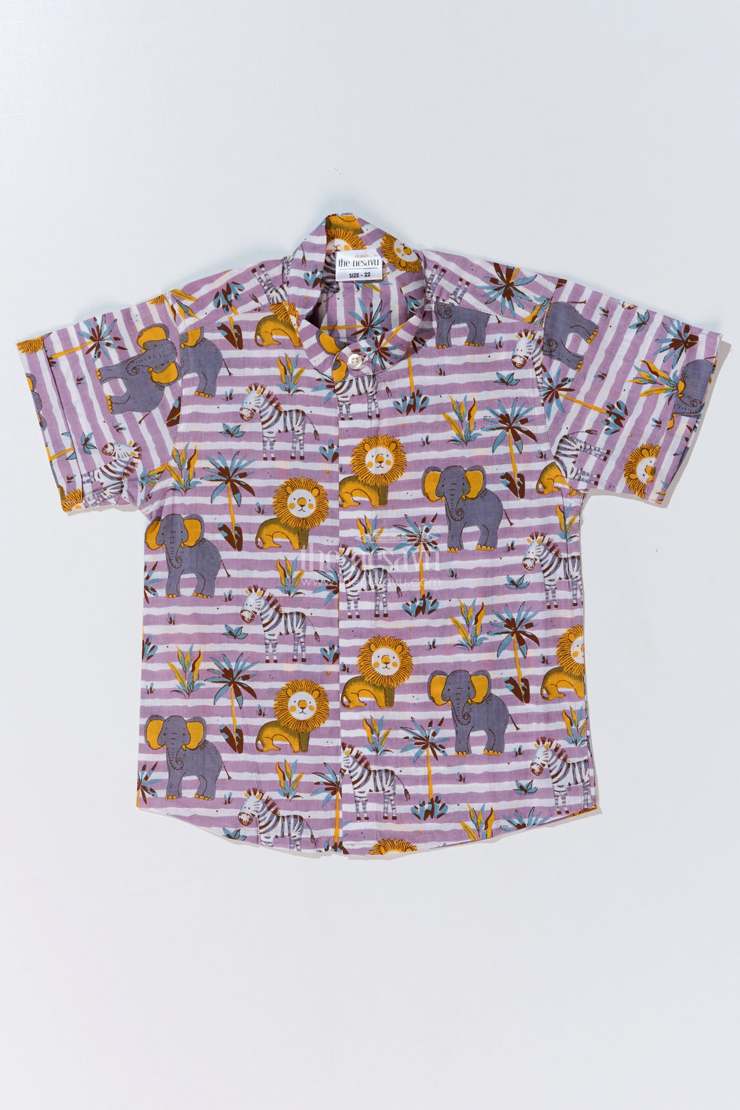 The Nesavu Boys Cotton Shirt Boys Animal Print Casual Dress Shirt in Cotton Block Print with Safari-Inspired Design Nesavu 16 (1Y) / Purple BS241A-16 Boys Animal Print Casual Dress Shirt Cotton Block Print Safari Theme | The Nesavu