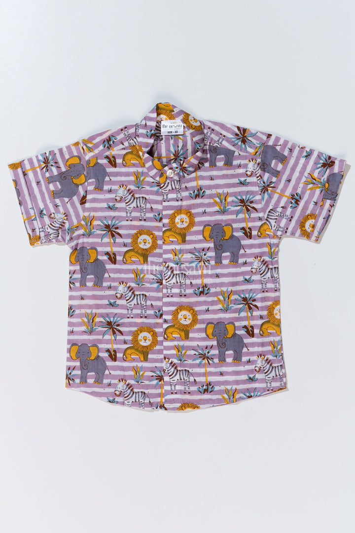 The Nesavu Boys Cotton Shirt Boys Animal Print Casual Dress Shirt in Cotton Block Print with Safari-Inspired Design Nesavu 16 (1Y) / Purple BS241A-16 Boys Animal Print Casual Dress Shirt Cotton Block Print Safari Theme | The Nesavu