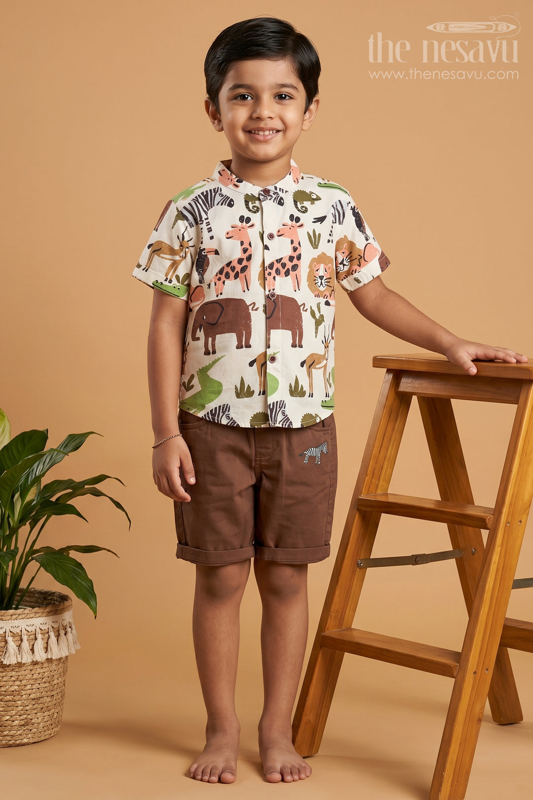 The Nesavu Boys Casual Set Boys Animal Print Cotton Set for Zoo Trips and Playful Days Nesavu 16 (1Y) / Brown BCS333A-16 Nesavu boys animal printed cotton shirt shorts set playful outfit zoo trips everyday fun