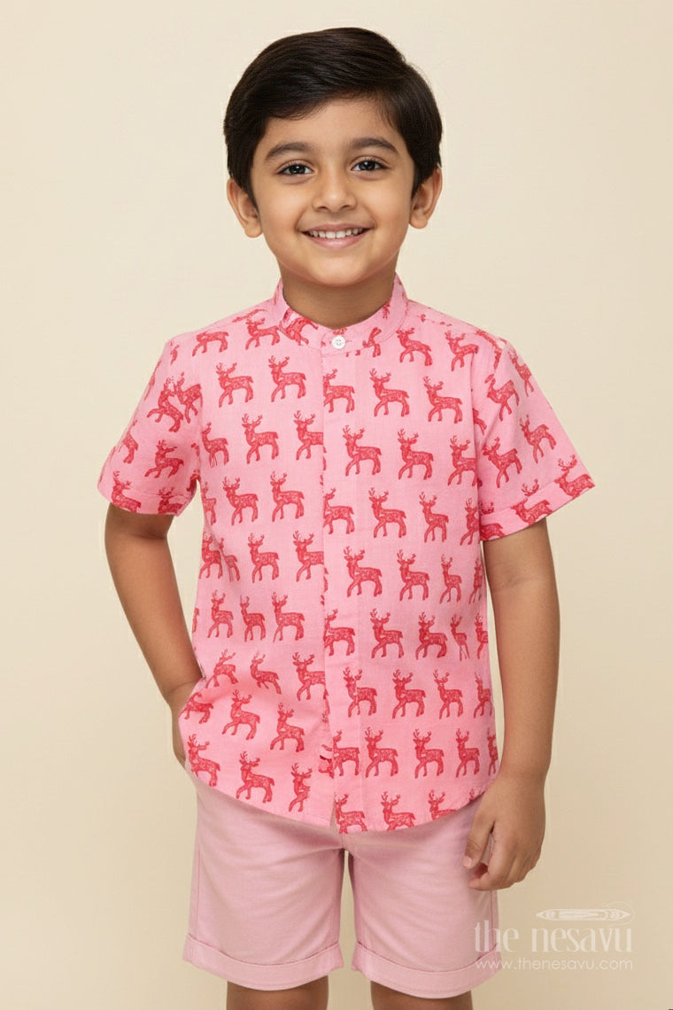 The Nesavu Boys Cotton Shirt Boys Animal Print Cotton Shirt for Everyday Wear and Playful Outings Nesavu 16 (1Y) / Pink BS201B-16 Nesavu boys cotton animal print shirt casual wear summer outings