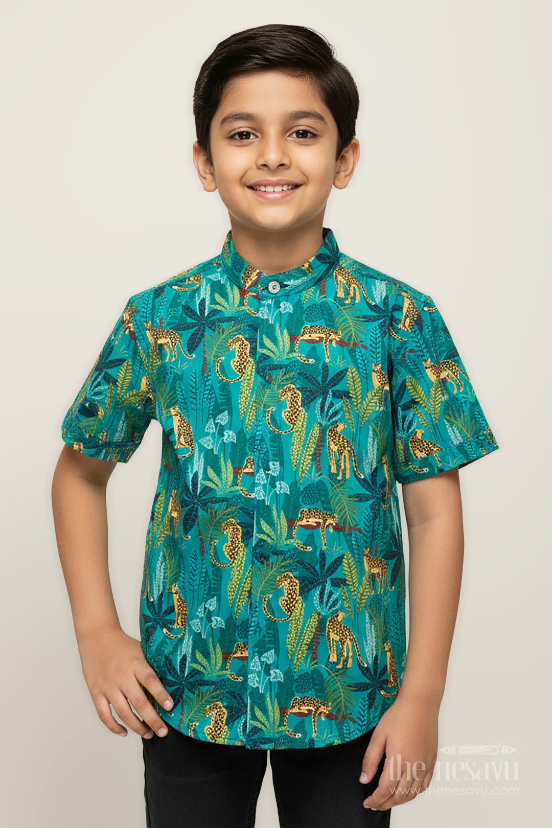 The Nesavu Boys Cotton Shirt Boys Animal Print Shirt for Zoo Trips and Everyday Play Nesavu 16 (1Y) / Green BS340A-16 Nesavu boys animal print shirt playdates zoo trips everyday dressing